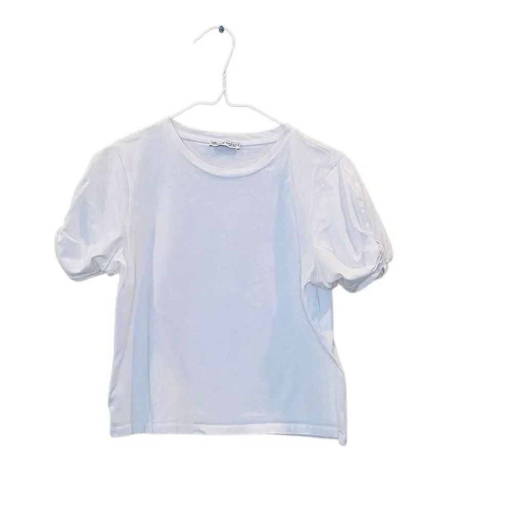Zara Basic Collection Crew Neck Short Puff Sleeve Top White Medium